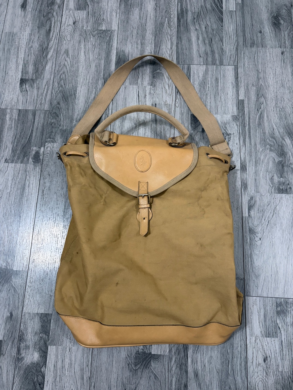 Polo by Ralph Lauren Tan Canvas Tote with Leather Flap and Trim